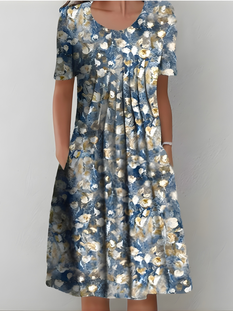 Aurexia - Robe Femme Florale Plissée Manches Courtes Coupe Fluide Élégante