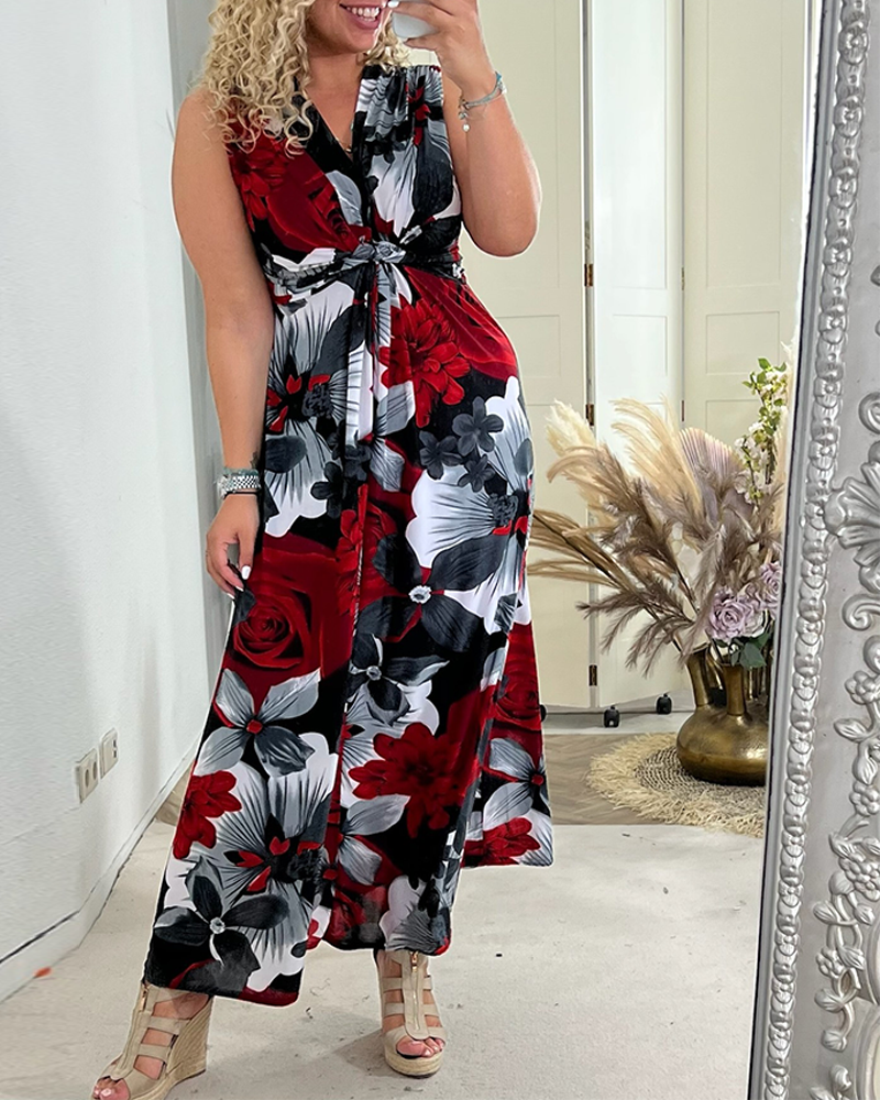 Sacha - Robe élégante sans manches à imprimé floral plissé