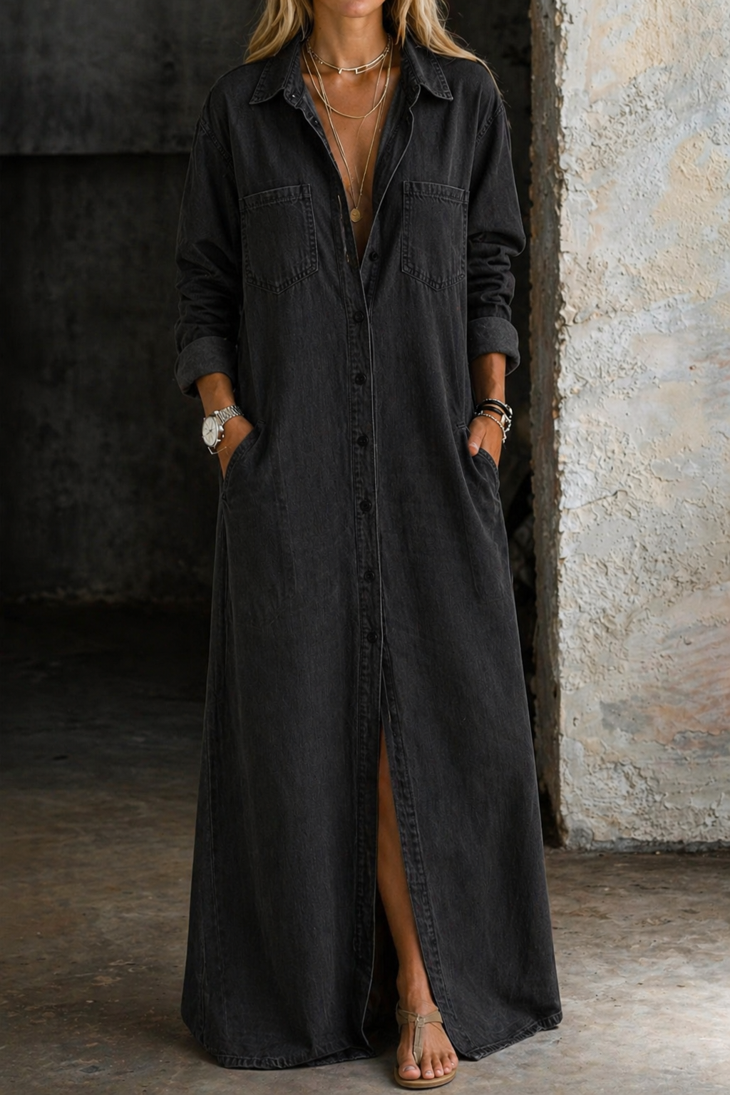 Jasmoria - Robe chemise longue femme en denim boutonnée