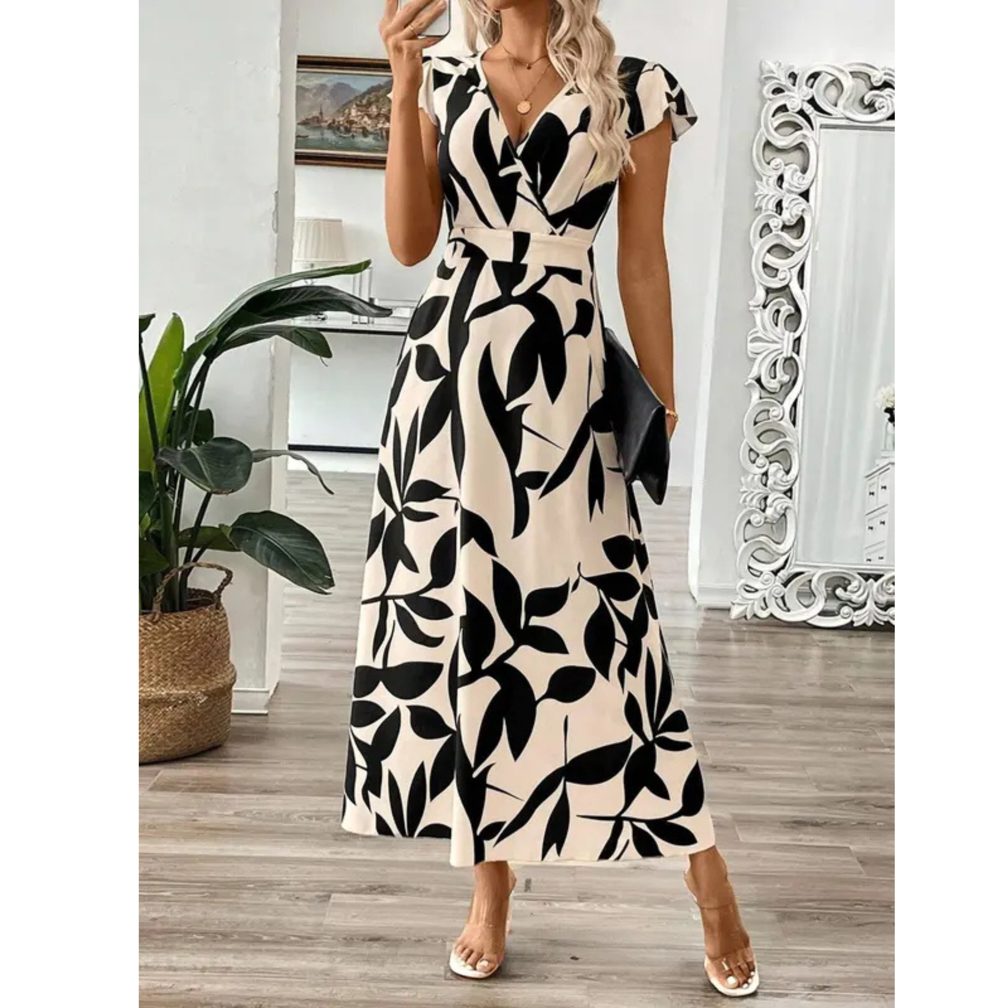 Korevyn - Robe maxi femme imprimé floral noir et beige élégante fluide