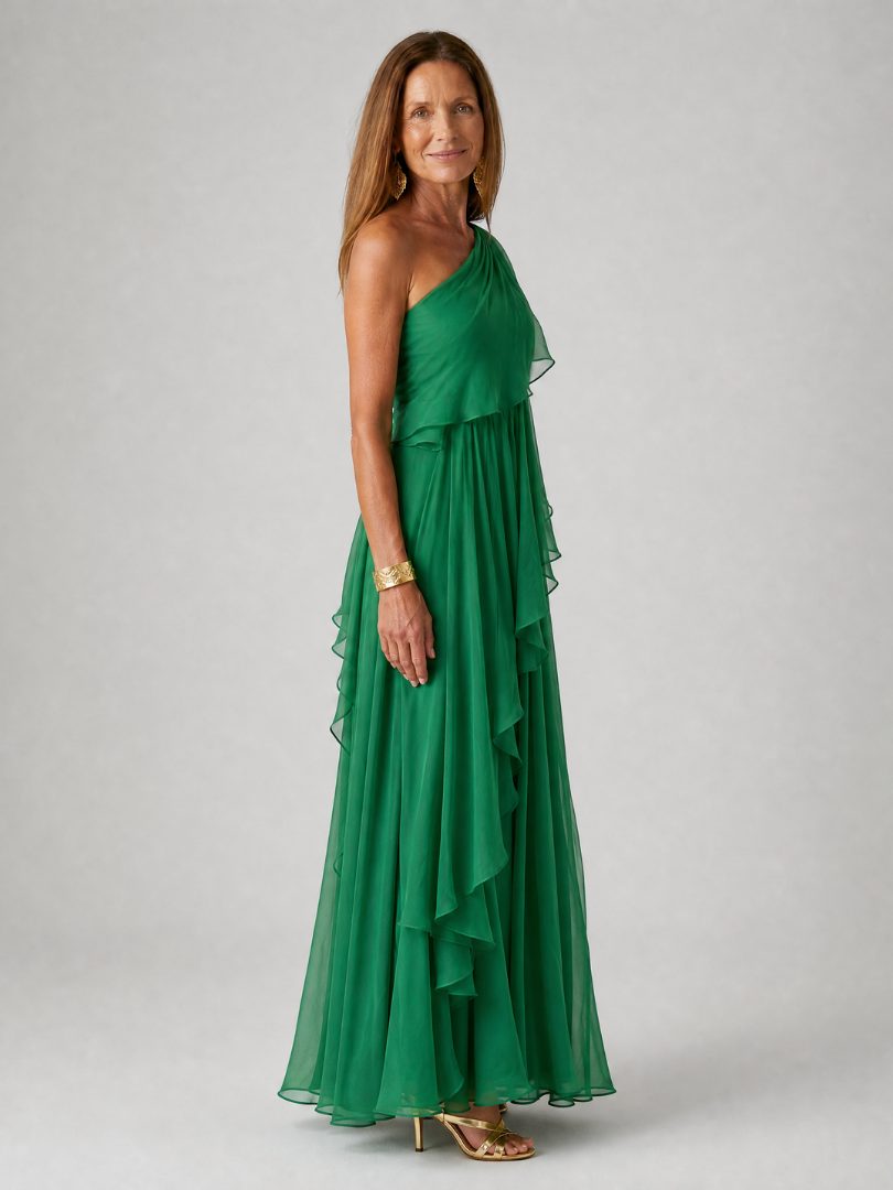 Zeline - Robe maxi verte asymétrique à volants