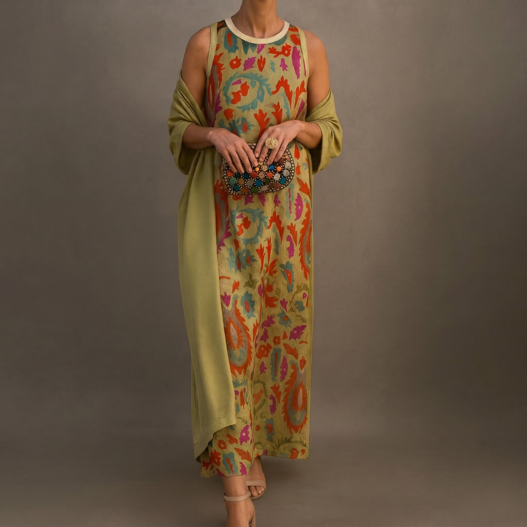 Dorynna - Ensemble femme robe longue imprimée avec gilet coordonné