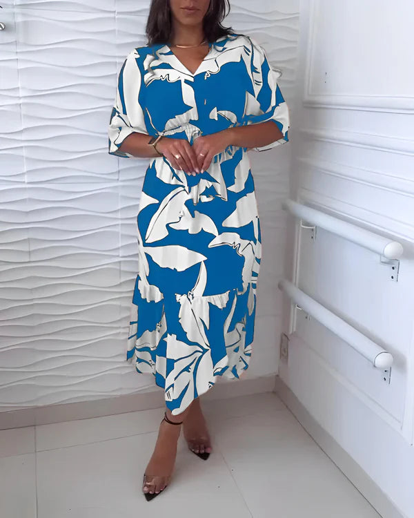 Orlissa - Robe femme à col V avec taille ajustable et imprimé noir