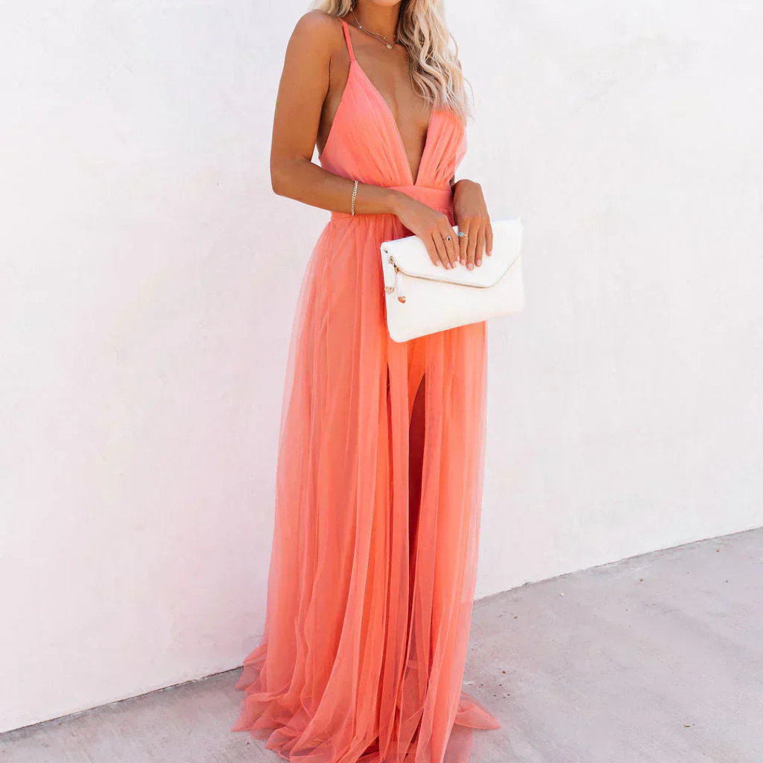 Jaxira - Robe femme longue fluide col V dos nu coupe élégante soirée