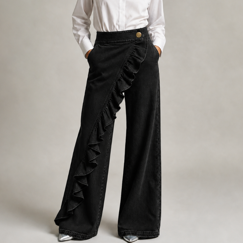 Izzavelle - Pantalon femme large en denim à volants style jupe-pantalon élégant