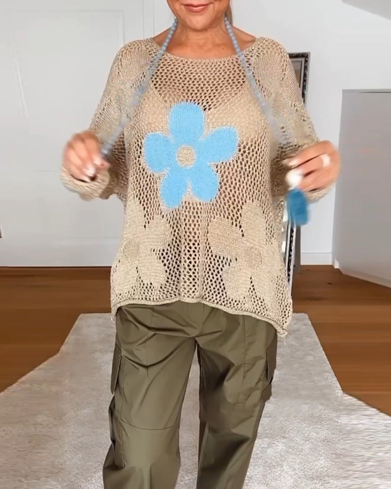 Sasha - Pull en maille fleurie à manches longues et ajourées
