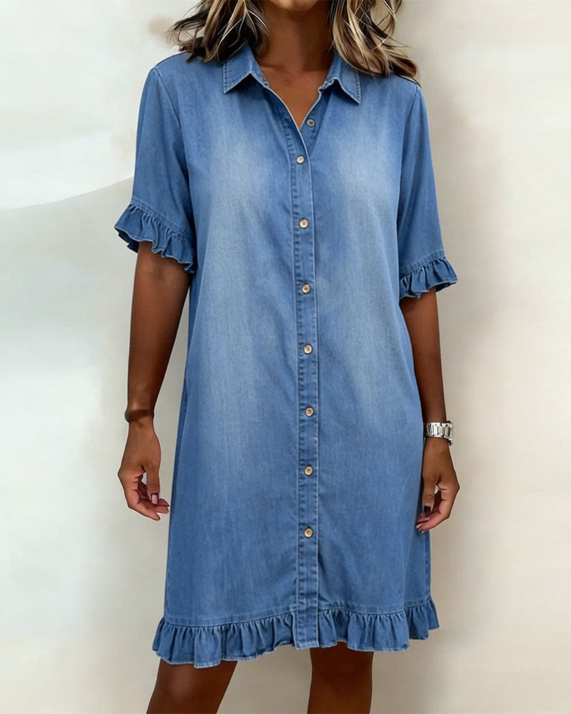 Glytha - Robe Femme Denim Boutonnée Manches Volants Coupe Droite Décontractée
