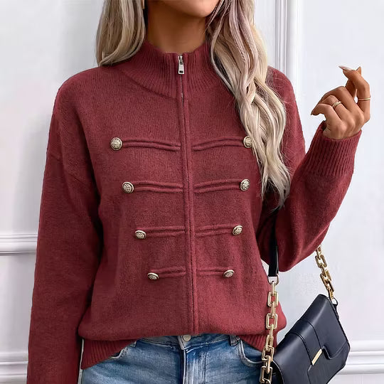 Teuntje - Women's knit cardigan with high neck, zip, and decorative buttons