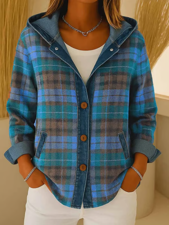 Nadrina - Veste en Jean à Capuche et Motif à Carreaux Contrastés