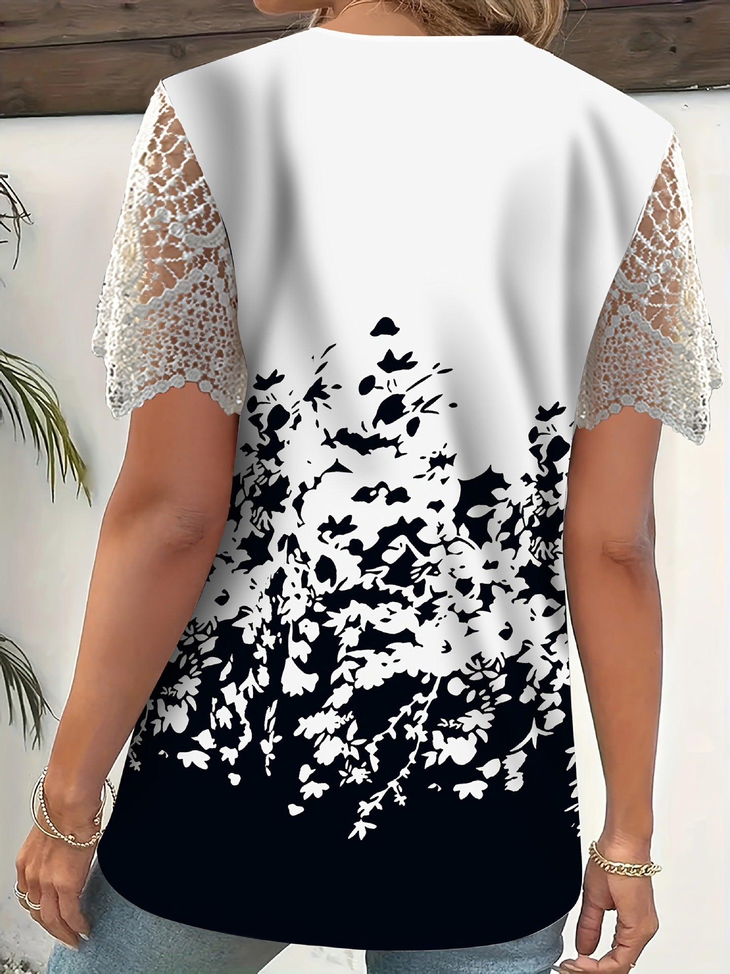 Myressa - Top femme floral à col V et manches en dentelle
