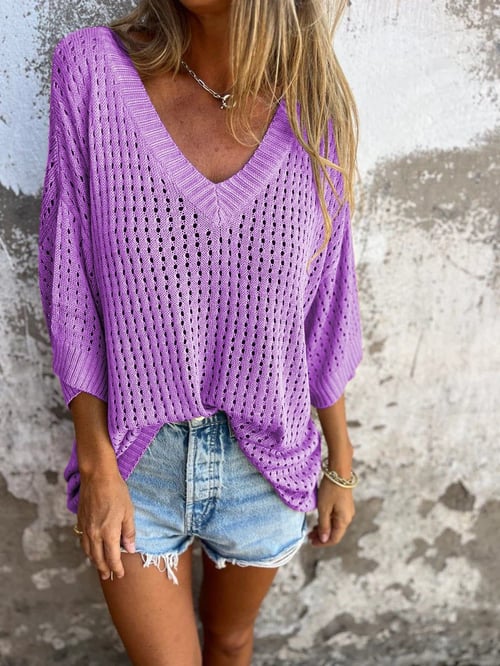Delia - Top tricoté à col en V avec motif creux