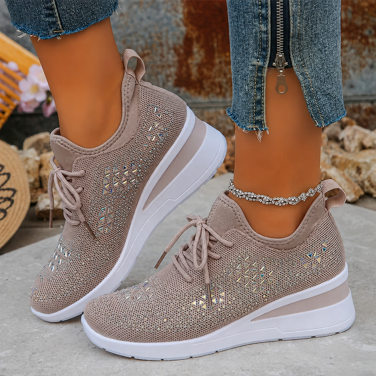 Esmeralda - Baskets femme compensées scintillantes avec maille respirante