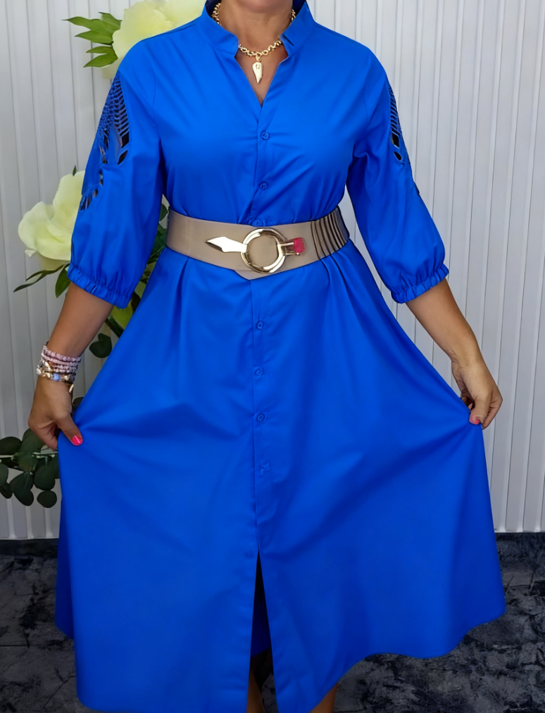 Mavellea - Robe femme chemise élégante avec ceinture coupe fluide midi
