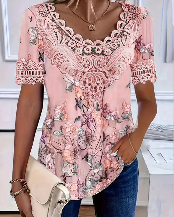 Amalina - T-shirt à Manches Courtes Imprimé Floral pour un Style Frais et Décontracté
