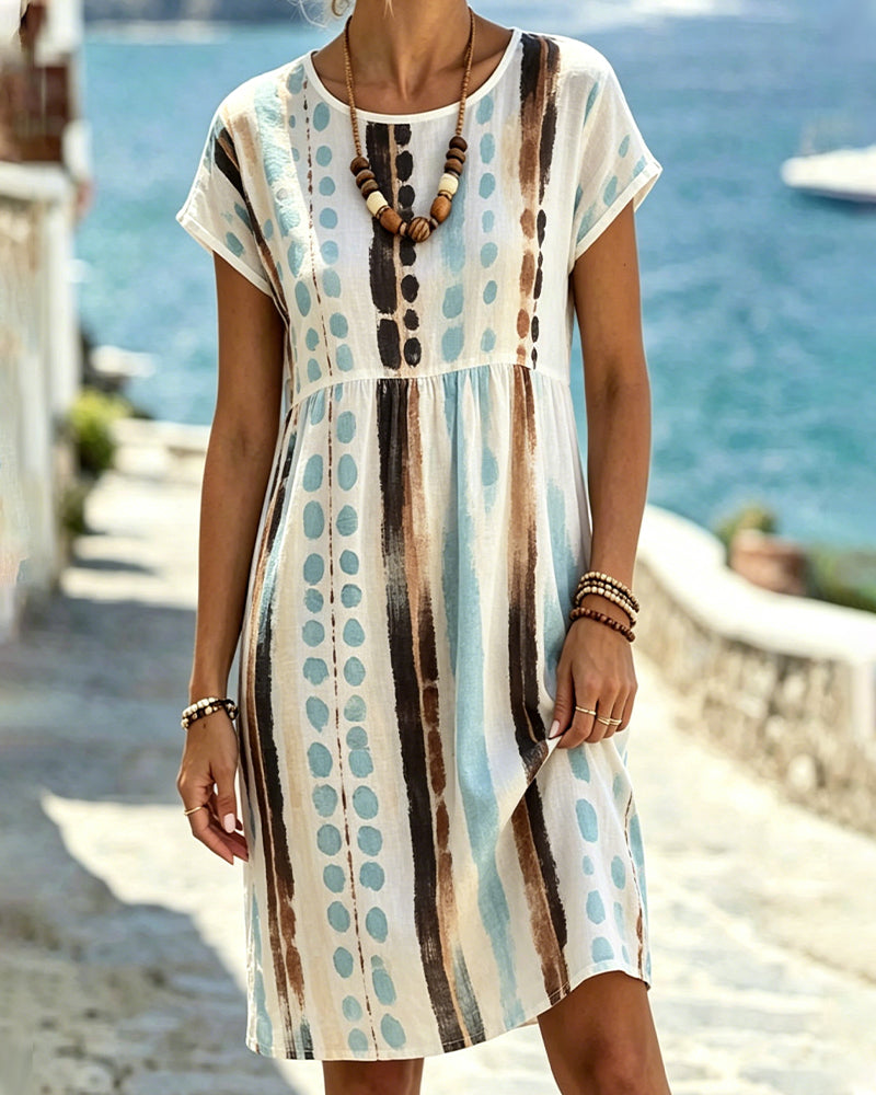 Serenza - Robe femme imprimée aquarelle à rayures et pois artistiques