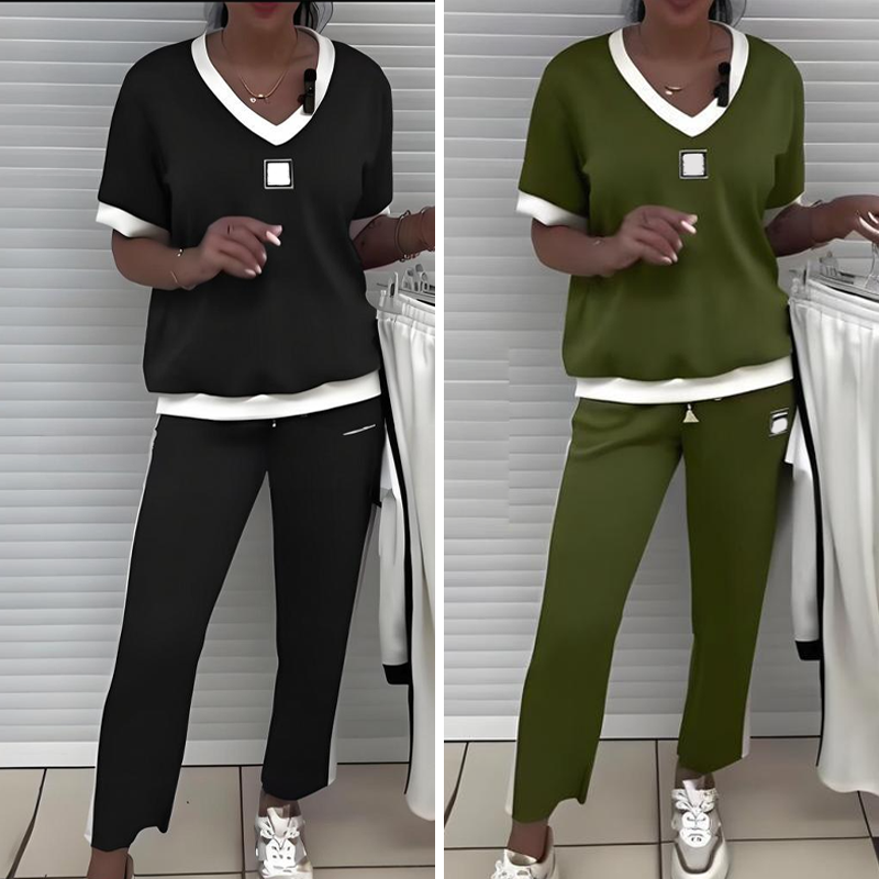 Euphrasie - Ensemble décontracté pour femme avec top à col en V et pantalon