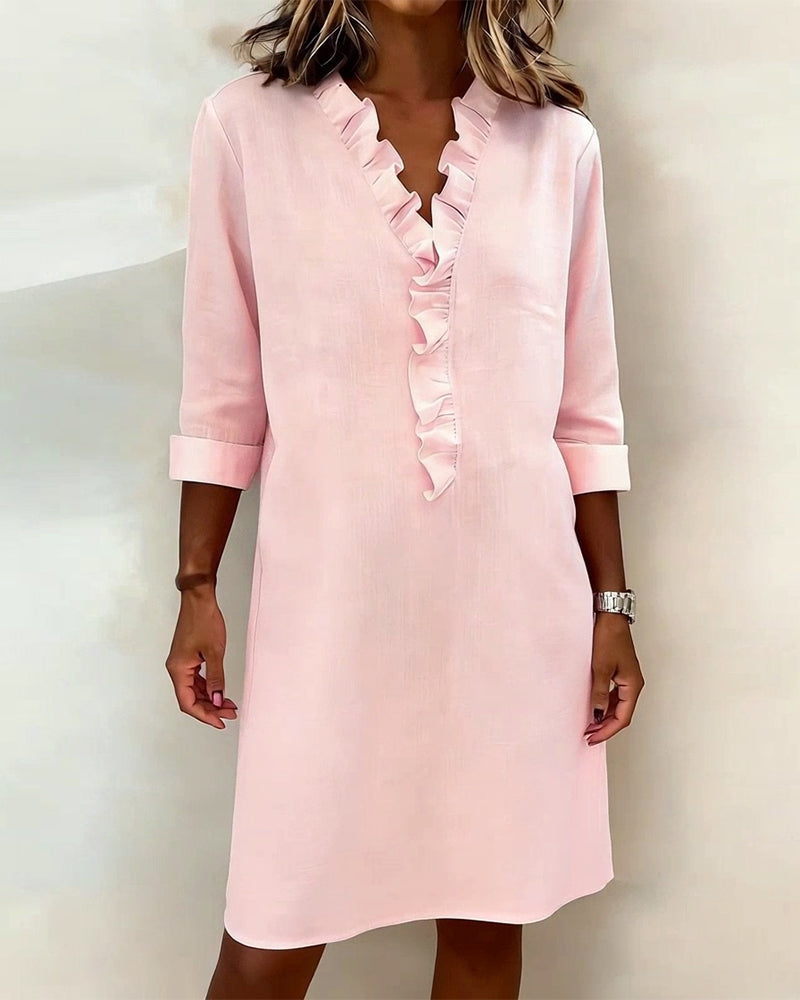Ophivyn - Robe femme col V à volants coupe droite style décontracté