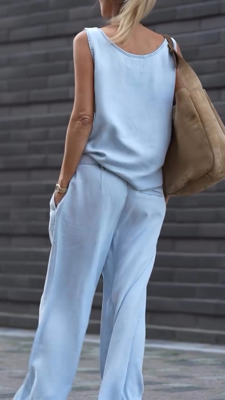 Maravelle - Ensemble féminin décontracté décolleté en V sans manches en denim Tencel