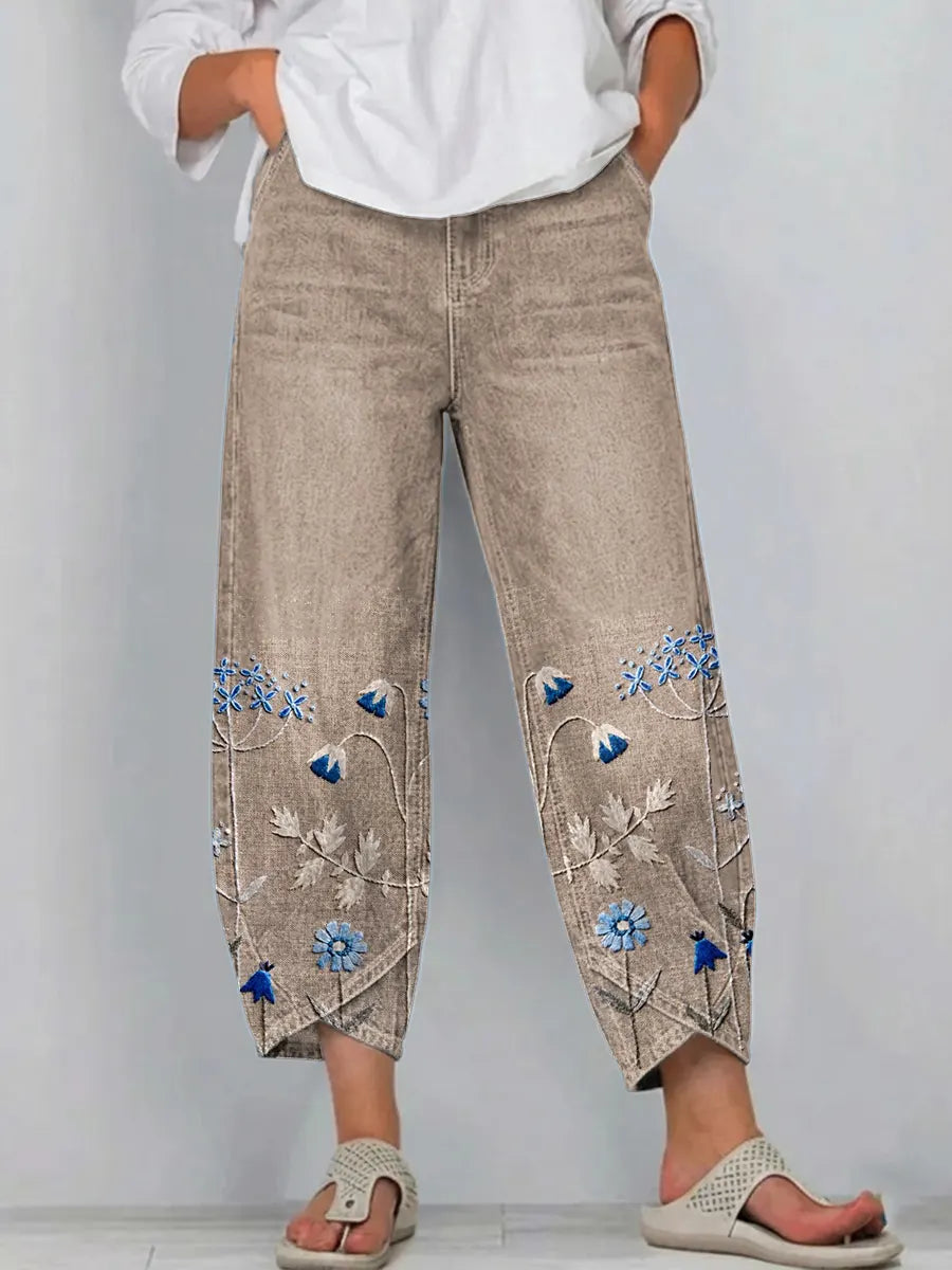 Fiorixa - Pantalon femme denim broderie florale coupe droite casual