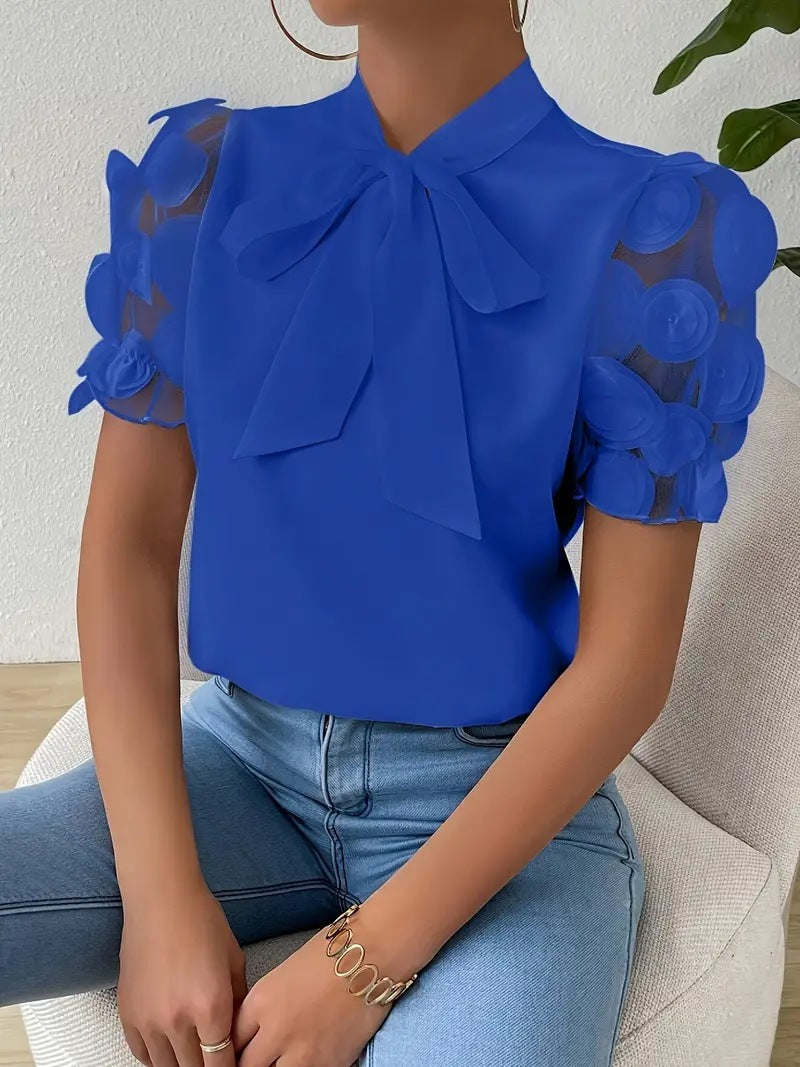 Cirelle - Chemisier d'été uni en dentelle avec nœud et manches courtes