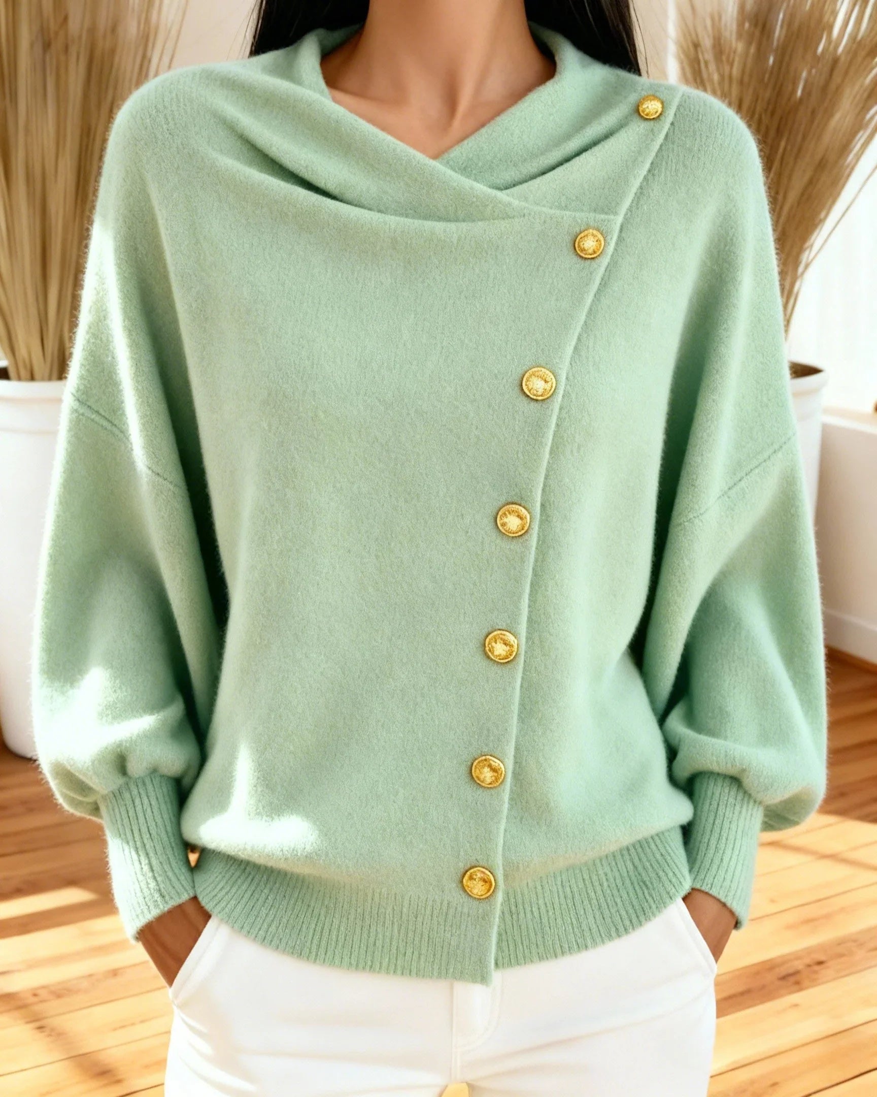 Isavellora - Pull Drapé Élégant à Boutons Dorés