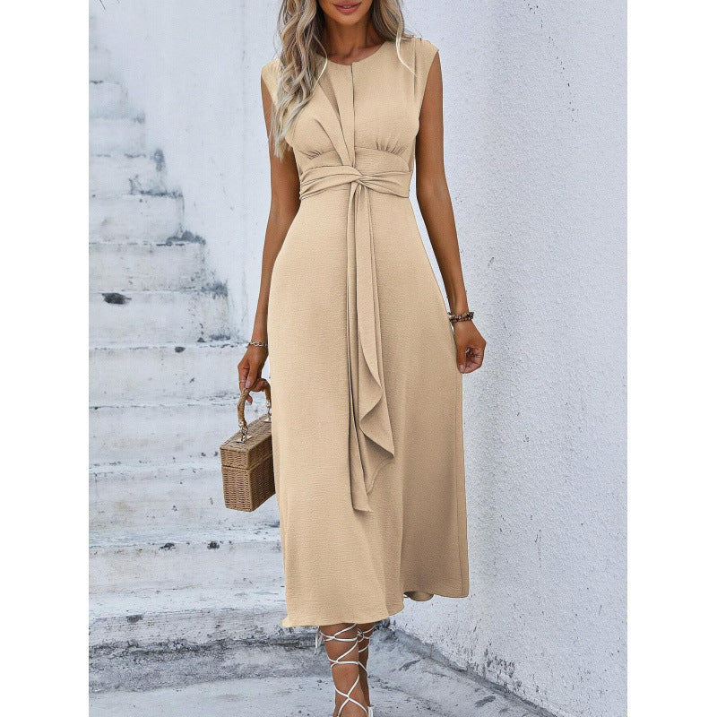 Orivessa - Robe longue femme unie sans manches avec ceinture drapée