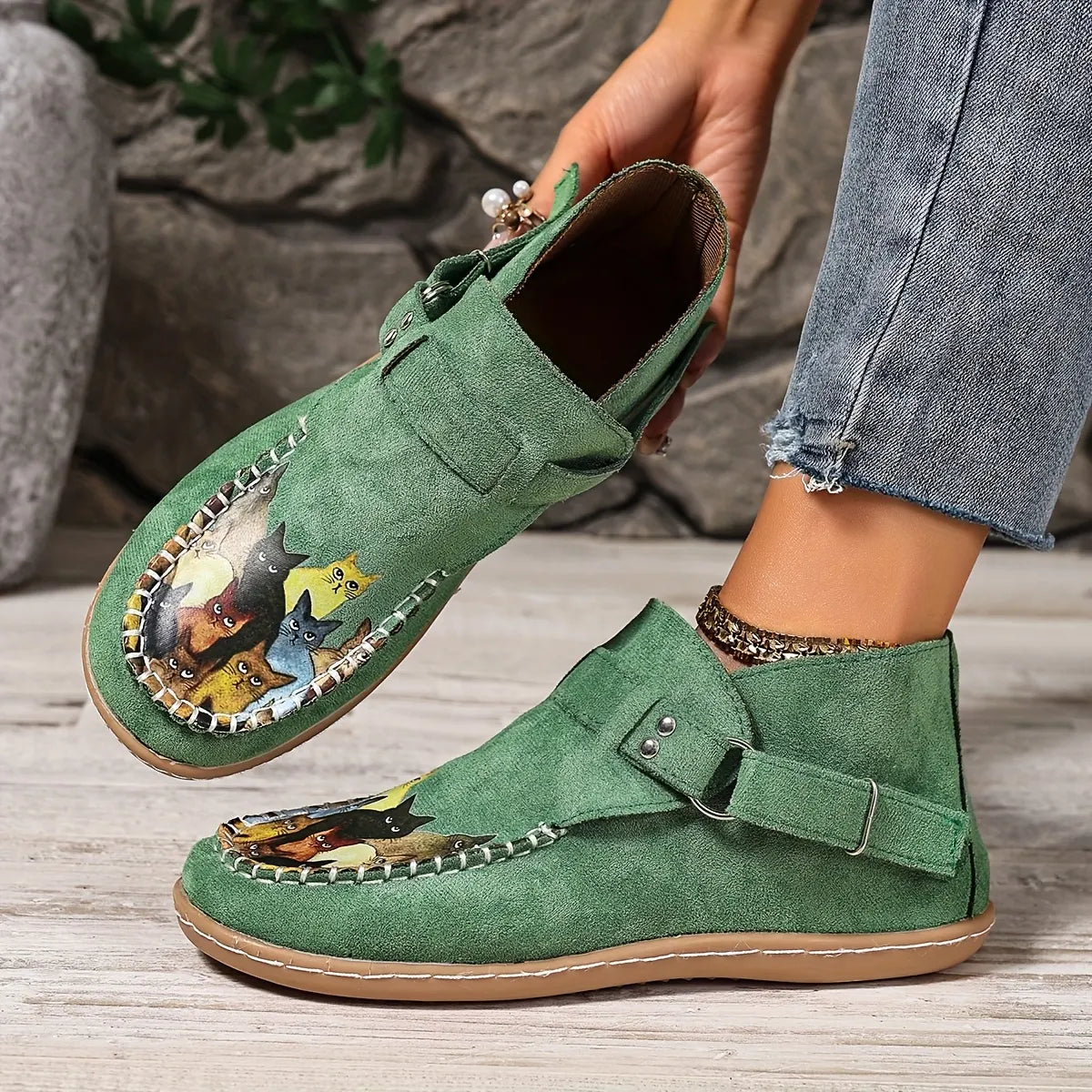 Annefleur - Mocassins femme imprimé chat à enfiler