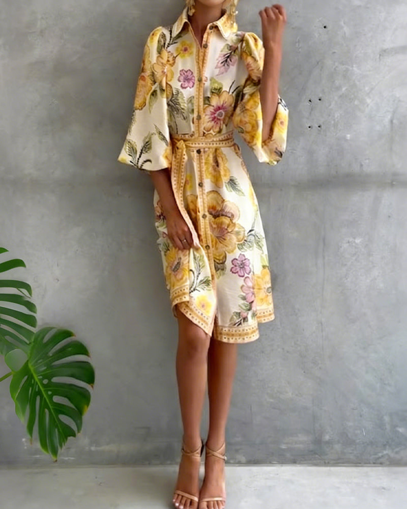 Glyssara - Robe florale élégante femme à manches lanterne et boutons