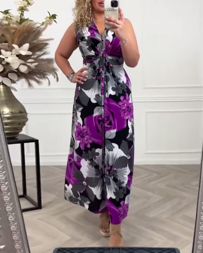 Sacha - Robe élégante sans manches à imprimé floral plissé