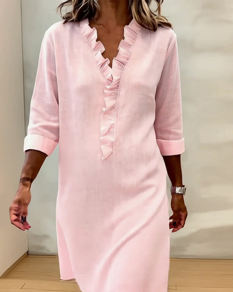 Ophivyn - Robe femme col V à volants coupe droite style décontracté