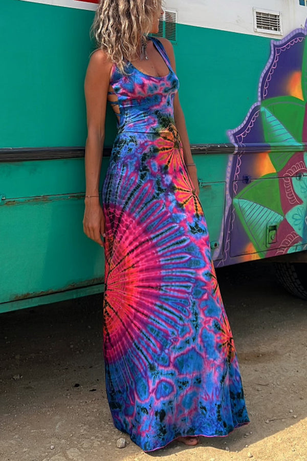 Junaria - Robe maxi avec imprimé tie-dye, lacée à l'arrière, extensible (avec soutien-gorge intégré)