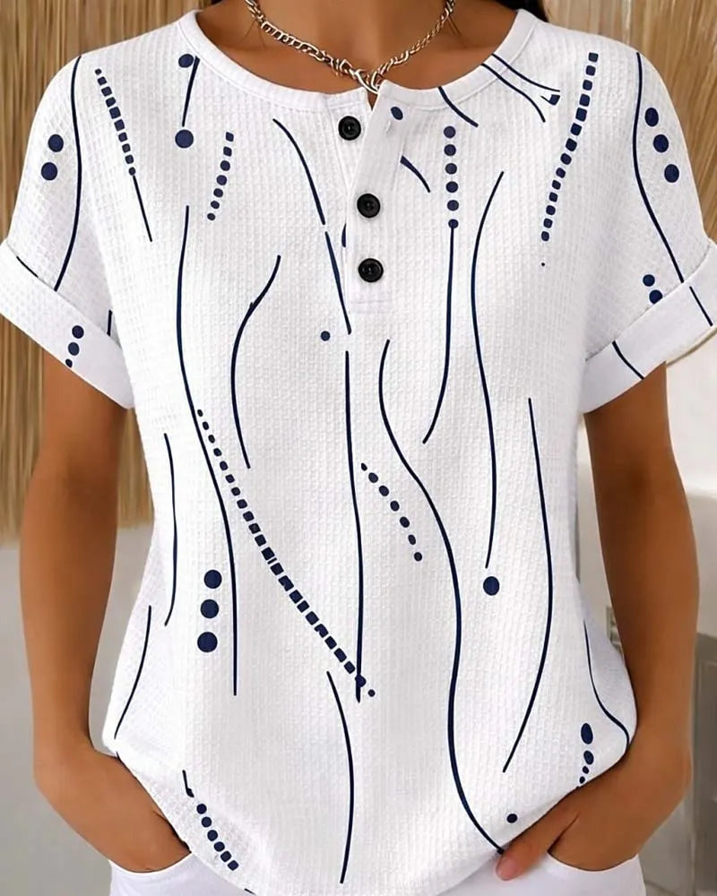 Zelynn - T-shirt femme imprimé à manches courtes avec boutons