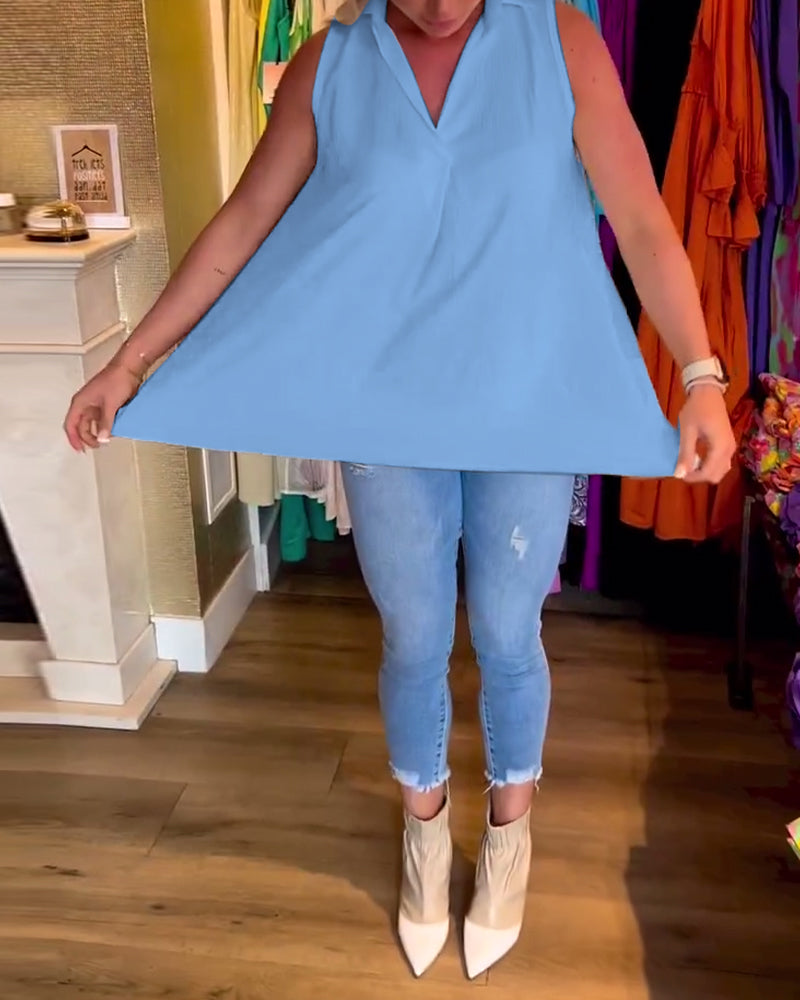 Tahliana - Top Sans Manches avec Volants Subtils et Revers Élégants