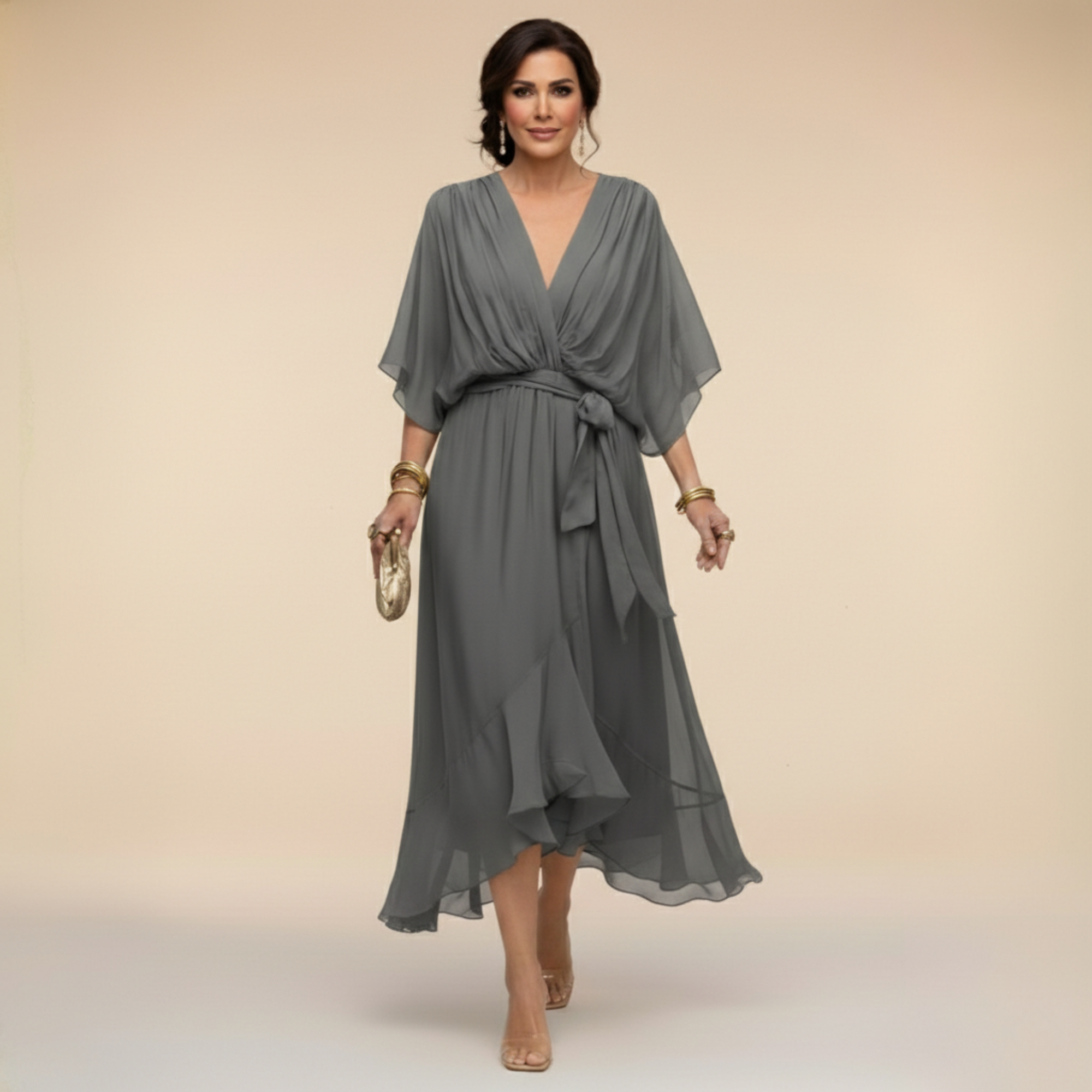 Lazira - Robe femme midi fluide col V manches amples ceinture élégante