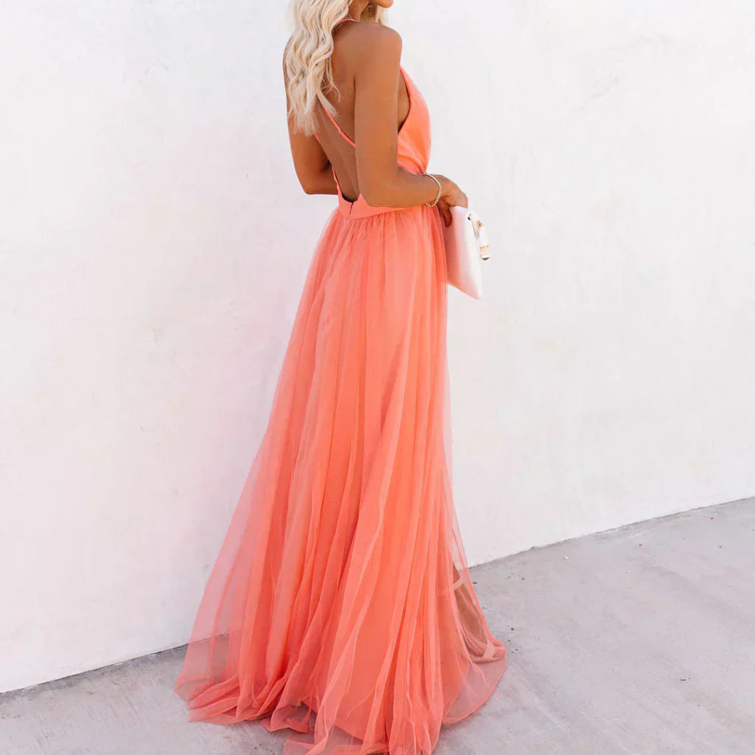 Jaxira - Robe femme longue fluide col V dos nu coupe élégante soirée