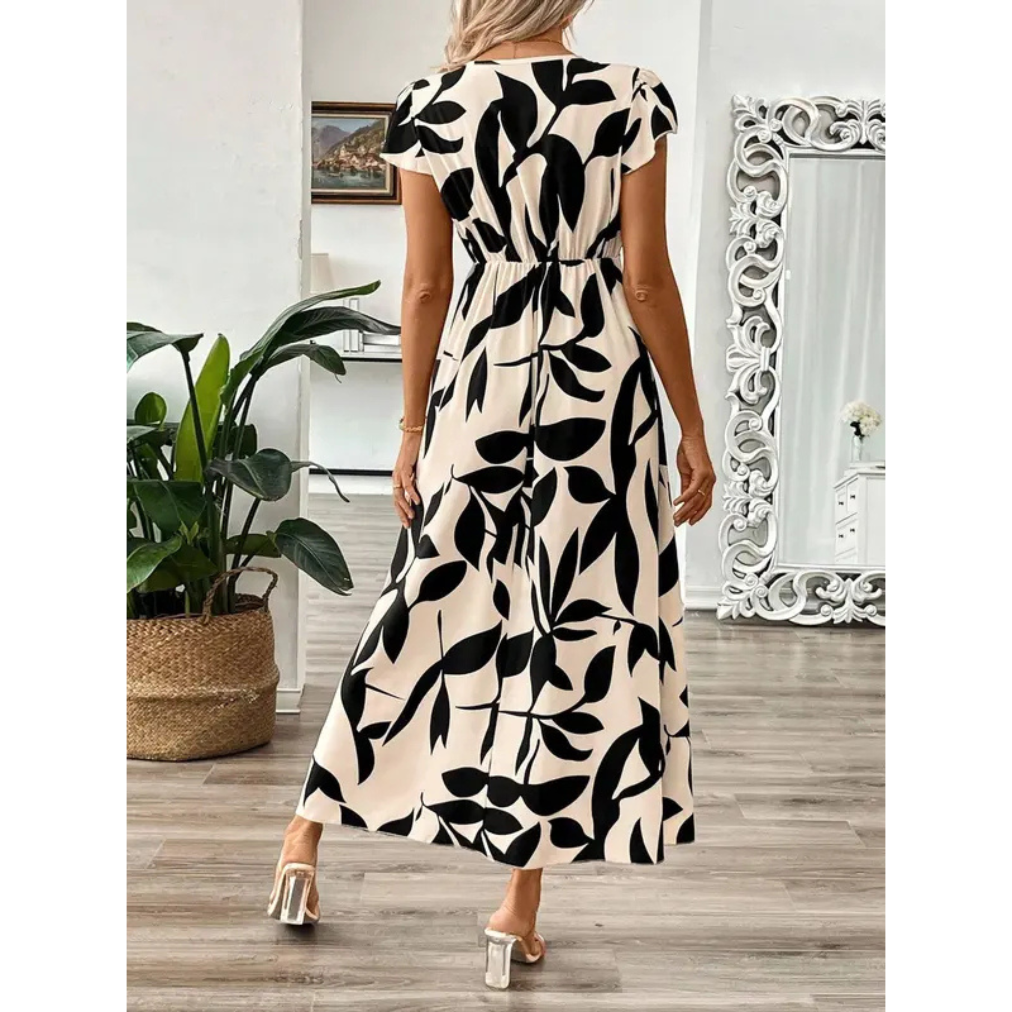 Korevyn - Robe maxi femme imprimé floral noir et beige élégante fluide
