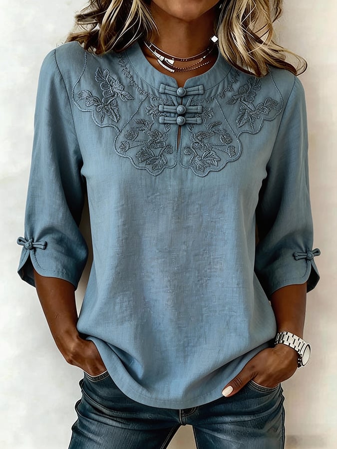 Myrvella - Top femme brodé col rond style naturel coton lin