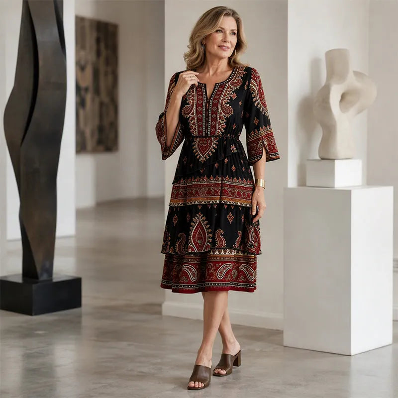 Ramona - Robe femme bohème à volants avec imprimé ethnique