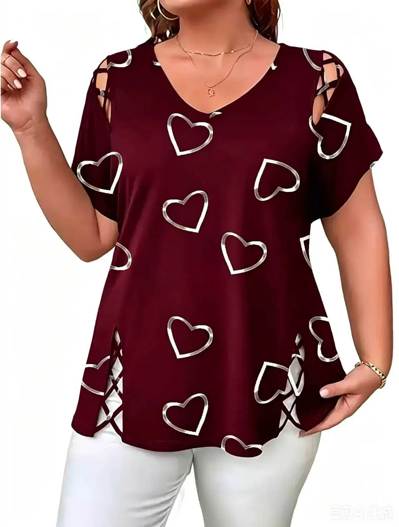 Elowra - Blouse femme col V avec imprimé cœurs