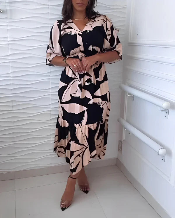 Orlissa - Robe femme à col V avec taille ajustable et imprimé noir