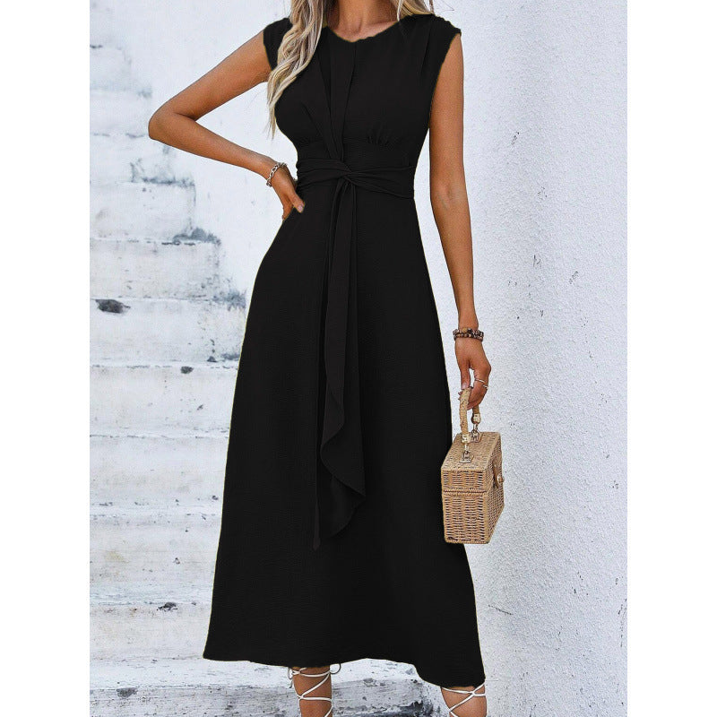 Orivessa - Robe longue femme unie sans manches avec ceinture drapée