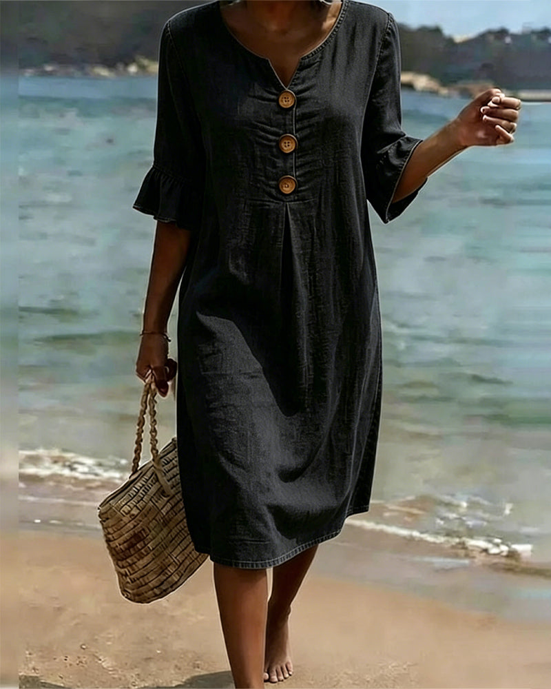 Fynorae - Robe femme jean manches volants coupe fluide été plage