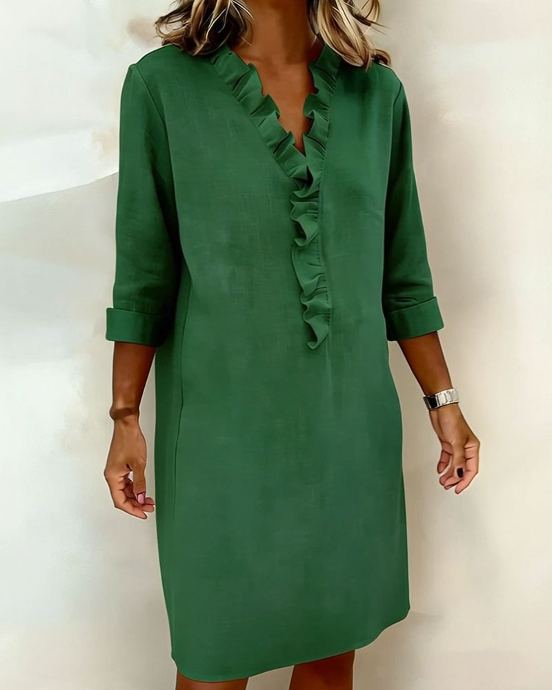 Ophivyn - Robe femme col V à volants coupe droite style décontracté