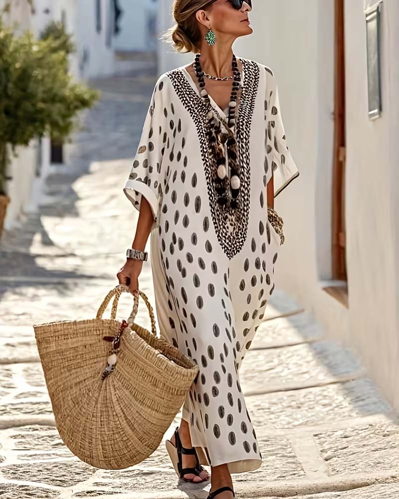 Hynovia - Robe femme maxi kaftan imprimé pois col V bordure ethnique