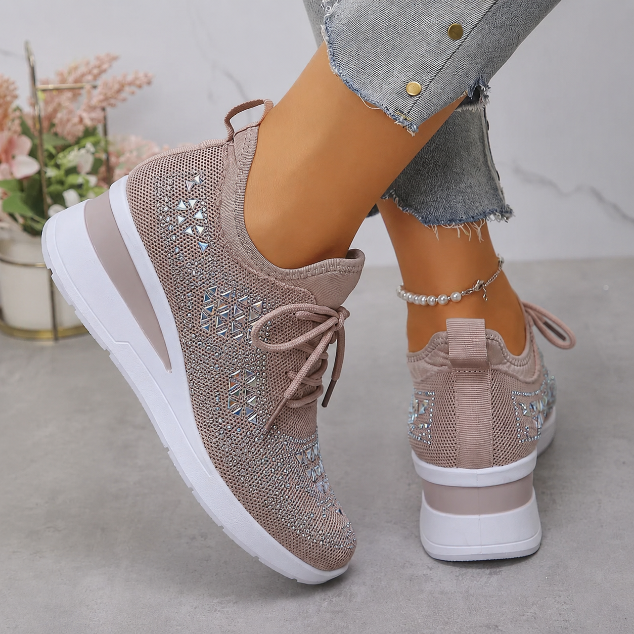Esmeralda - Baskets femme compensées scintillantes avec maille respirante