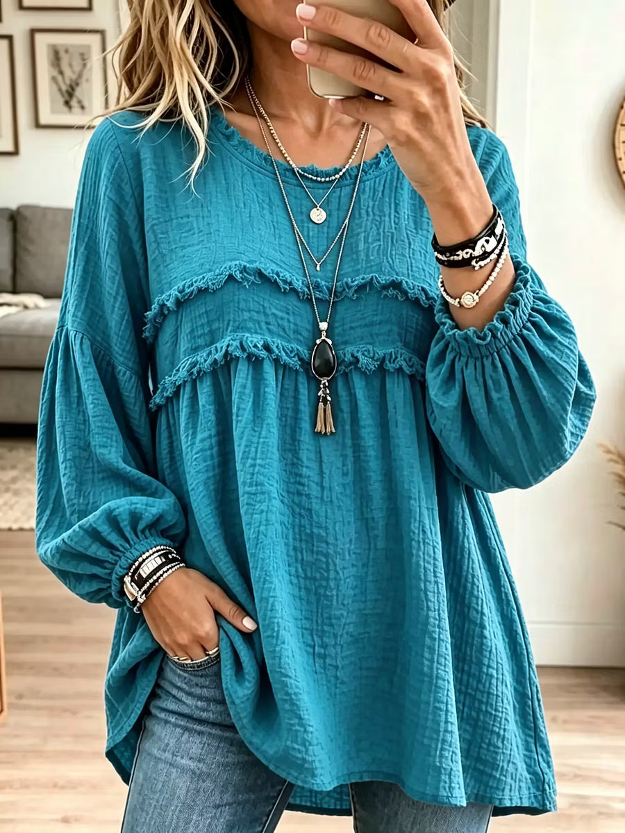 Noëlie - Women's loose-fit babydoll tunic with ruffles and balloon sleeves
