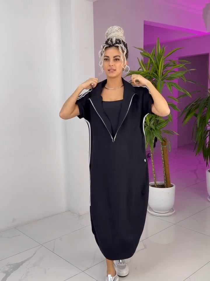Gavrixa - Robe femme longue zippée col montant coupe fluide style sport chic confortable