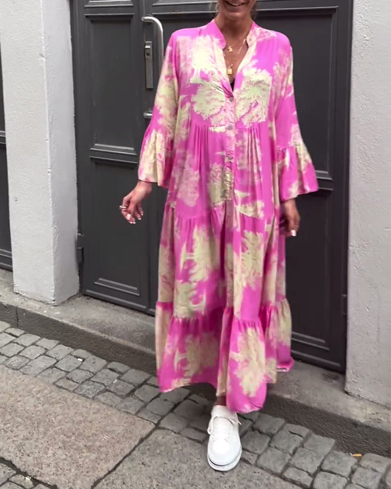 Greta - Robe Patchwork Ample avec Col en V et Manches Cloches Imprimées