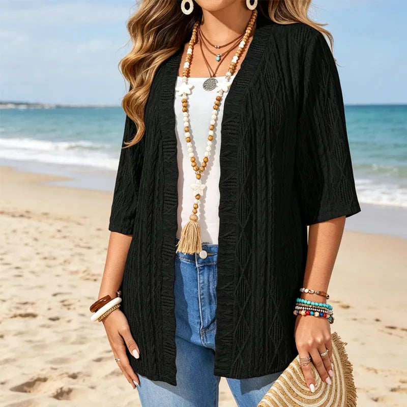 Enora - Cardigan femme tricoté ouvert à manches 3/4