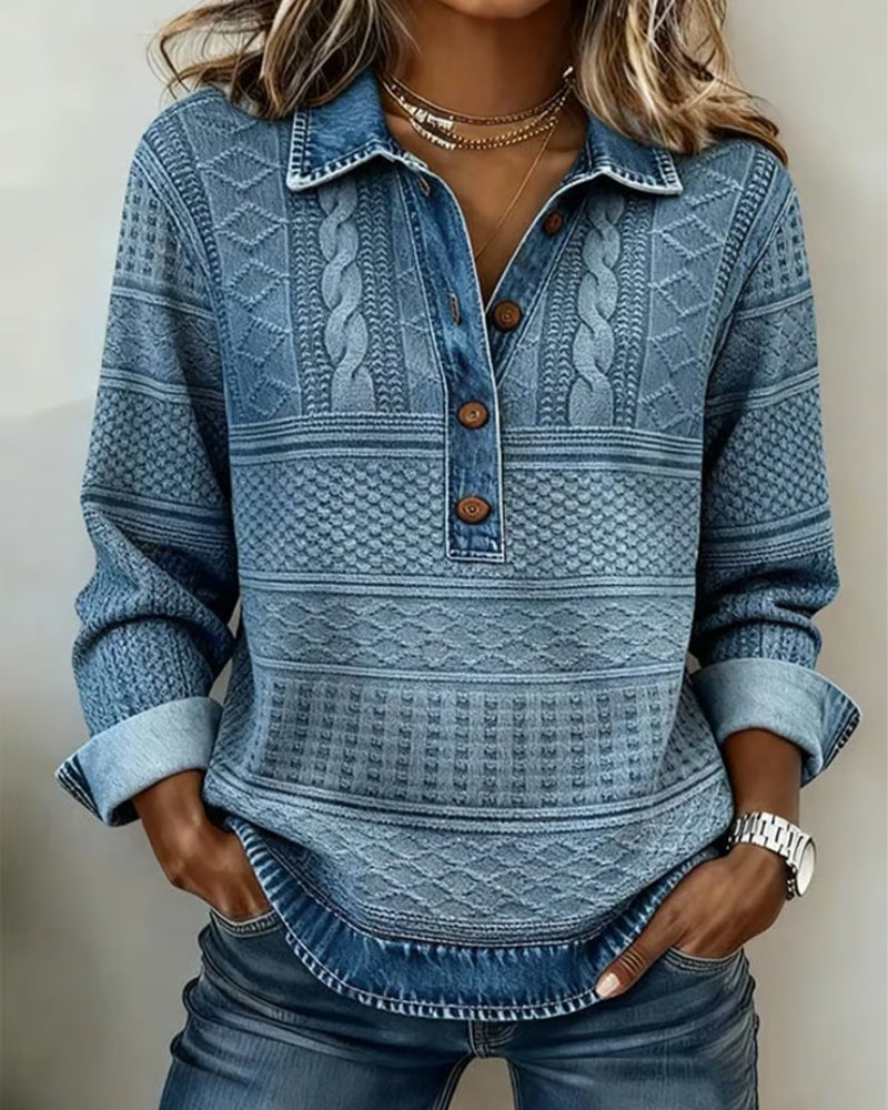 Gwenoriah - Pull Moderne à Demi-Boutonnage – Style Denim Chic
